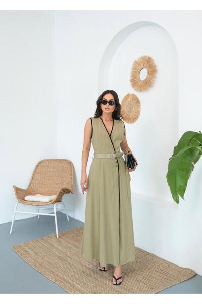 vrappe Linen Belted Buttoned Piping Dress