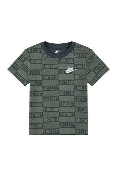 Nike Cotton Blend Just Do It All Over Printed & Logo Embroidered Short Sleeves T-Shirt - Oil Green