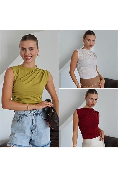 Patreon Women's Sandy Fabric Cross Drawstring Detailed Set of 3 Sleeveless Blouse