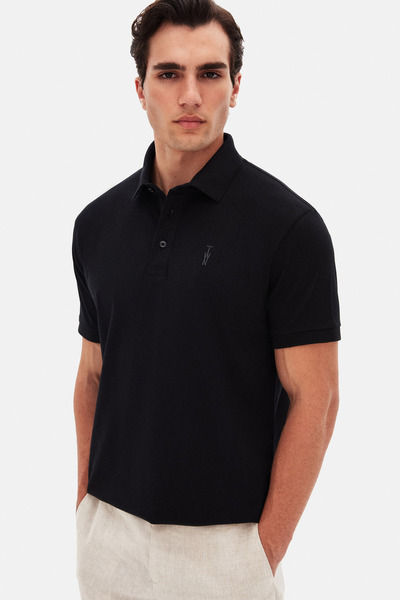 Twn Μπλουζάκι πόλο με υφή μαύρο πικέ Slim Fit