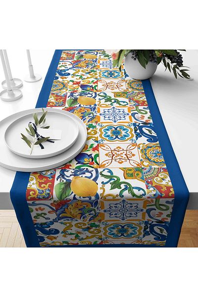 güzelmağaza Tile Pattern Digital Printing Double Sided Sponge Zipper 4 Pcs. Cushion 1 Pc. Runner Set of 5
