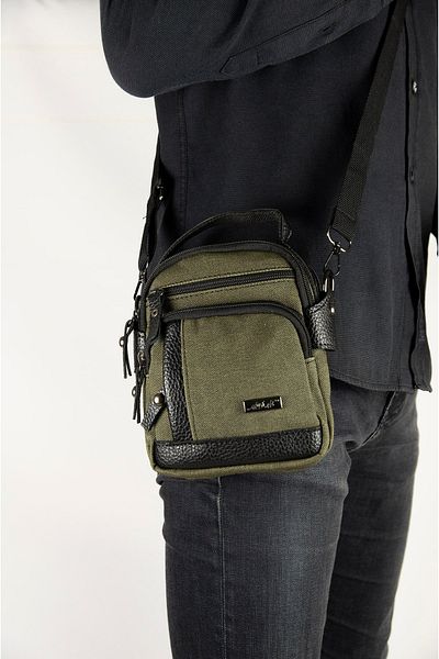 İMAKS Canvas Canvas Fabric Medium Size Leather Detail Men's Daily Hand Shoulder Strap Bag Khaki-Black A101