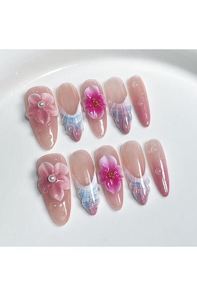 Choice M Handmade Press on Nails Ins Sweet 3D Hand-carved Flower Design Fake Nails Wearable Detachable Ova.