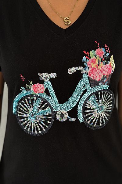 FEMELLE Bicycle Pul Embroidered V Neck Black Women's 100% Cotton T-Shirt