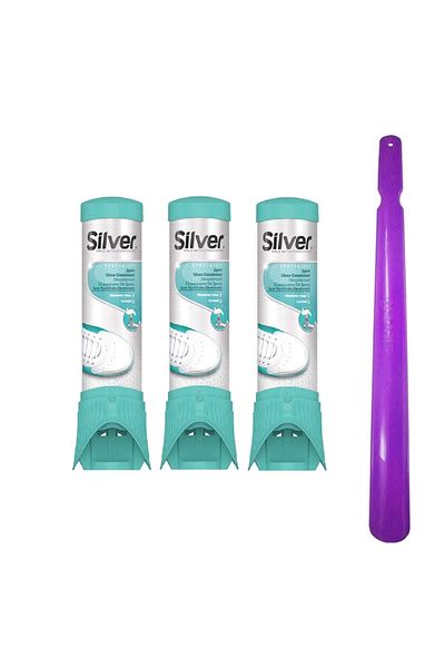 Silver Set of 3 x Sneaker Deodorant, 100 ml and 50 cm shoehorn,