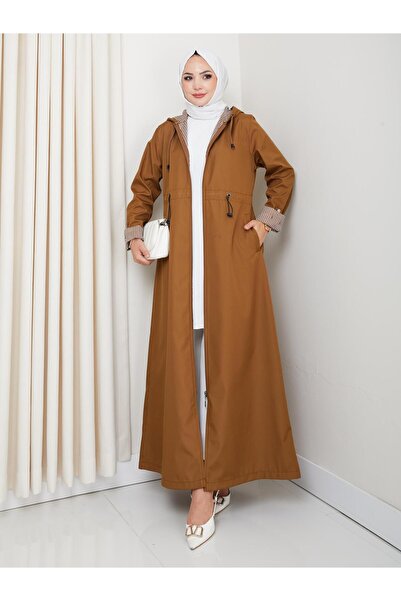 Hb Harma Time Butik Kadın Kapüşonlu Çizgi Detaylı Taba Bondit Kap