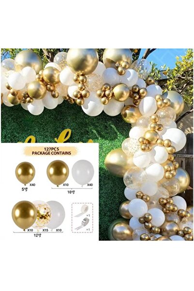 Terra Set 127 Balloons Latex, Party Model for Arch, White, Gold