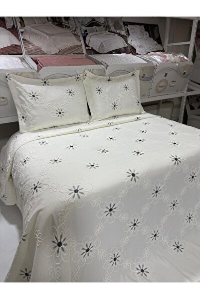 ESTİMA Aslan Tekstil Mira Çiçekli Çift Kişilik Yatak Örtüsü Ekru- Gri