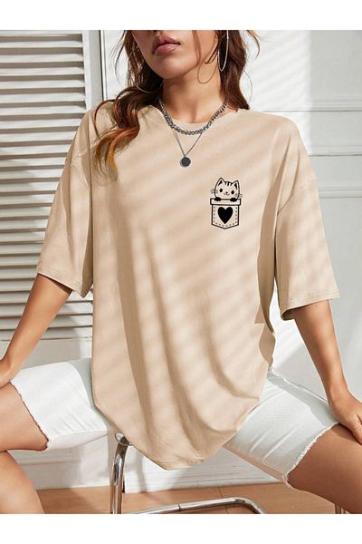 OFFSIDESIGN Women's Unisex Oversize Combed Cotton T-Shirt Cat Heart Pocket Minimal Design Printed Women's T-Shirt Short Sleeve