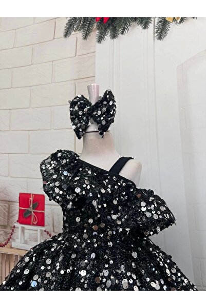 Nissa Siyah Payetli Tek Omuzlu Kız Çocuk Elbisesi