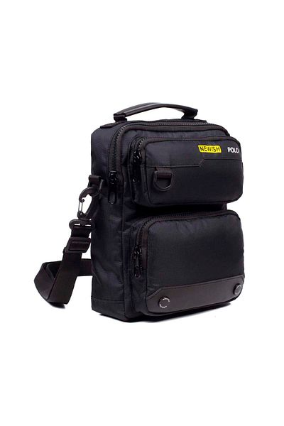 Newish Polo Men's Fabric Functional Cross Strap Messenger Waist and Shoulder Bag - Black - Yellow