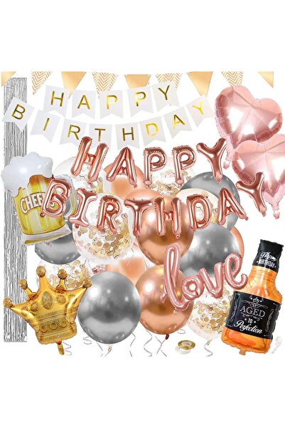 SERSIMO Σετ 48 μπαλονιών και διακοσμητικών, Χρόνια Πολλά, ασημί, ροζ