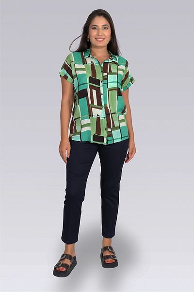 TOLGA SARAÇOĞLU 10996 Green Casual Cut Low Sleeve Patterned Bluz