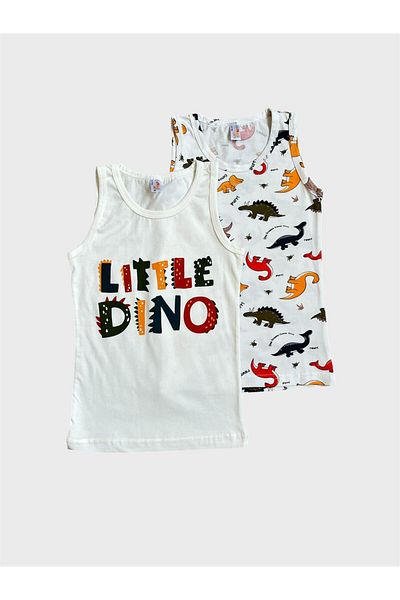 ALİŞ KİDS Boy's Cotton White Dinosaur Patterned 2-Piece Undershirt