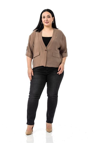 DISENTIS MODEST Plus Size One Button Short Brown Jacket with Low Half Sleeves Epaulettes Pockets