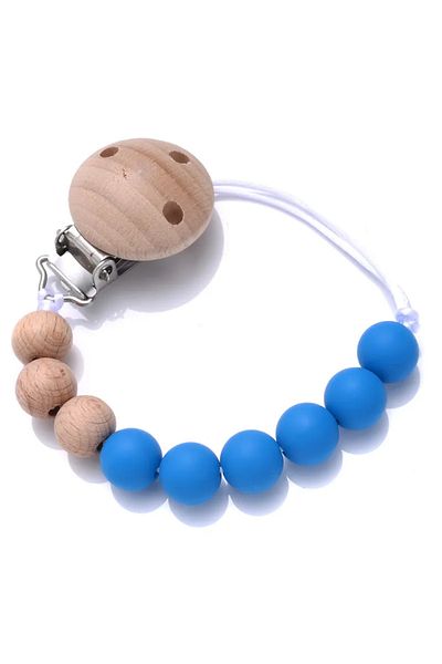 SARALMA Lantisor cu bile din silicon si lemn , clips pentru agatat suzeta sau jucaria, albastru, fara
