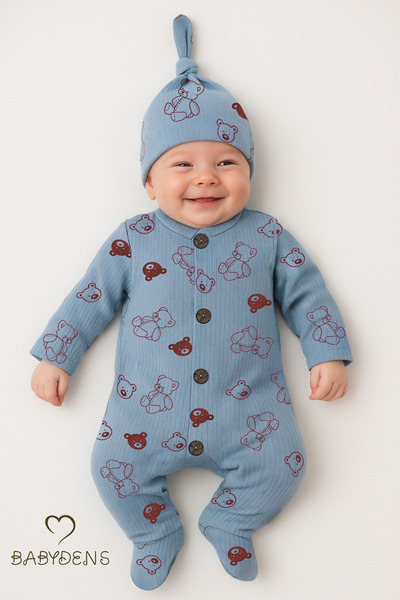 BABYDEN'S Mavi Ayıcık Desenli Patikli Tulum Şapka Takımı Yenidoğan Bebek Tulumu Pamuklu Düğmeli Fitilli Kumaş