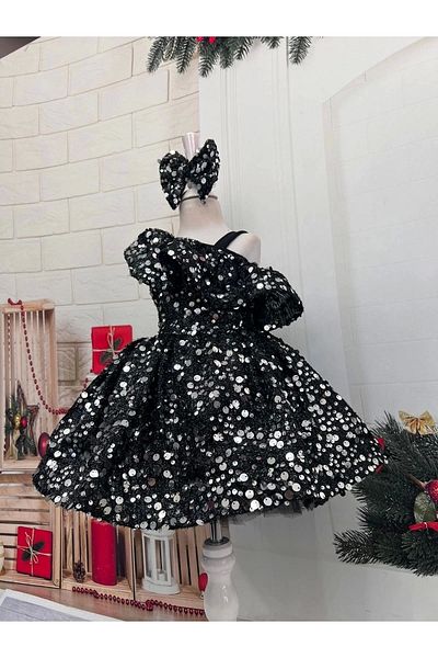 Nissa Black Sequined One Shoulder Girl's Dress