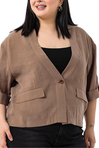 DISENTIS MODEST Plus Size One Button Short Brown Jacket with Low Half Sleeves Epaulettes Pockets