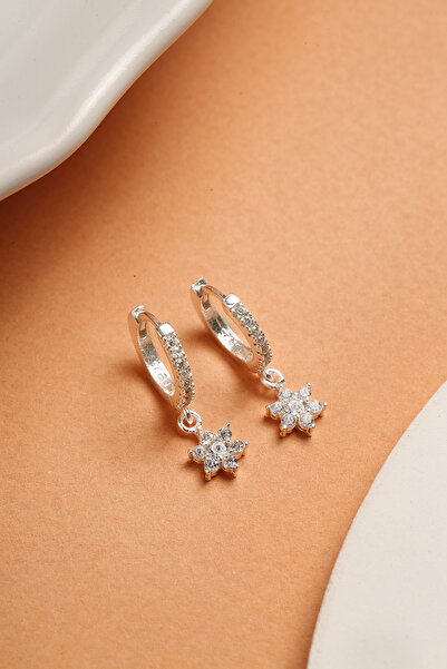 Elika Silver 925 Ayar Gümüş Sallantılı Zirkon Taşlı Lotus Küpe