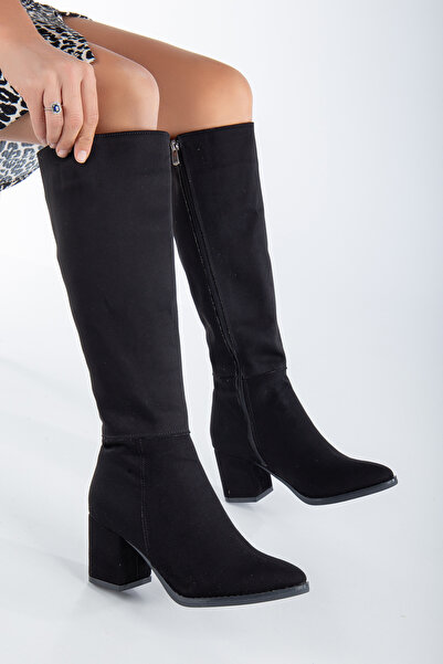 CEMAY Cizme de damă cu vârf ascuțit, până la genunchi, cu toc gros de 5 cm