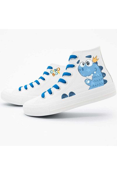 LİASSHOES White Linen Blue Dinosaur Printed Children's Sneakers