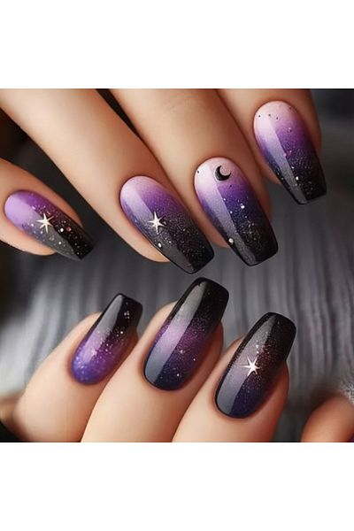 Choice 1824 24pcs/set medium long fake nails square ballet nail tips glitters starry sky moon star feather