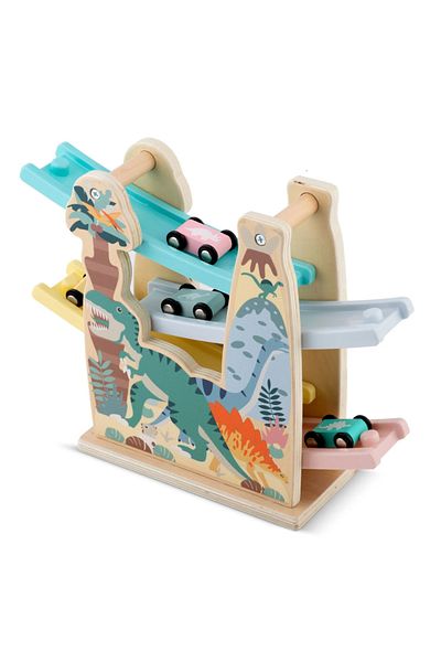 Ricokids Dinosaur children's car track with 4 levels and 4 cars, made of wood, dimensions