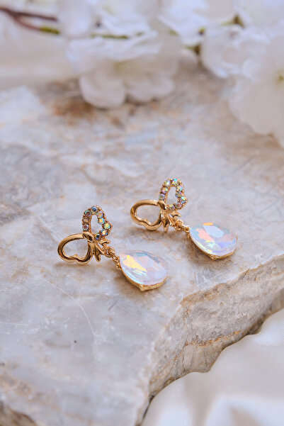 AURRARİ Kelebek Tasarım Damla Şeffaf Zirkon Taşlı Sallantılı Çelik Küpe