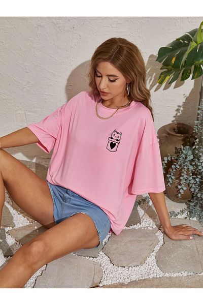 OFFSIDESIGN Women's Unisex Oversize Combed Cotton T-Shirt Cat Heart Pocket Minimal Design Printed Women's T-Shirt Short Sleeve