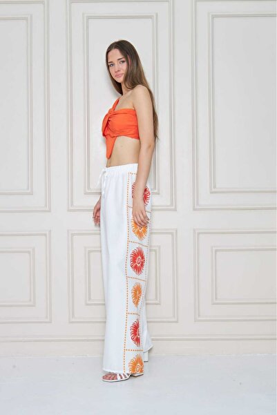 so much White Floral Patterned High Waist Wide Leg Pants