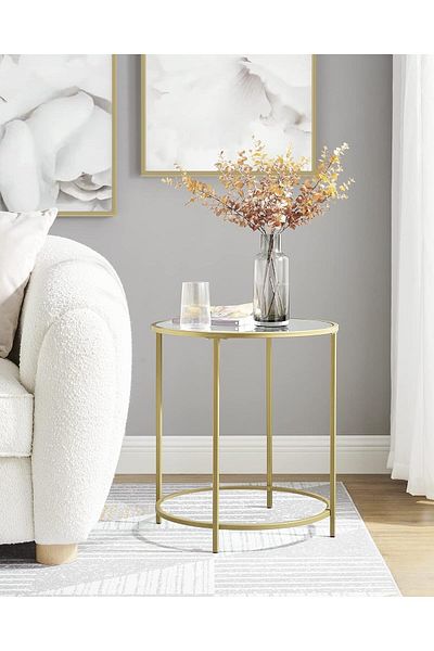 VASAGLE Round table, tempered glass with steel frame, bedside table, 50x50x55cm, gold