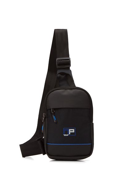 Newish Polo Men's Fabric Casual Crossbody Chest and Shoulder Bag with Phone Compartment - Black - Blue