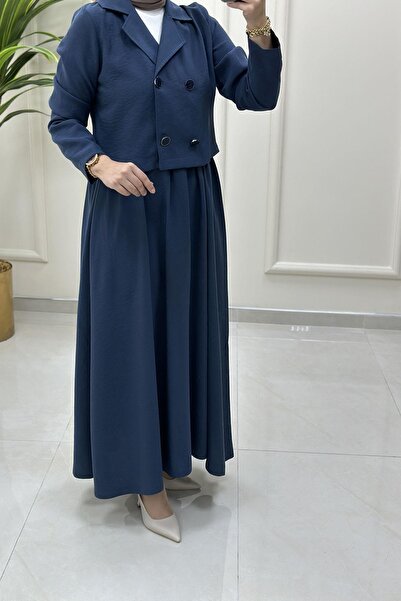 çınar özkan Kruvaze Yaka Ceket ve Kloş Etek Kadın İkili Takım İndigo CNR 2170