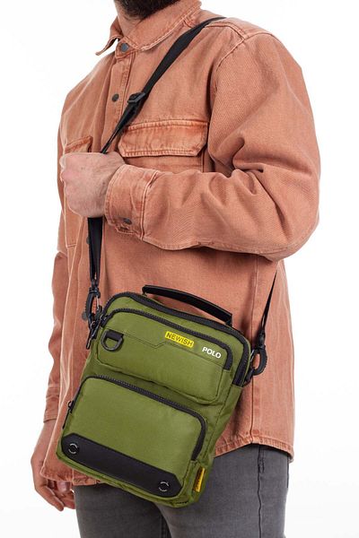 Newish Polo Men's Fabric Functional Cross Strap Messenger Waist and Shoulder Bag - Khaki