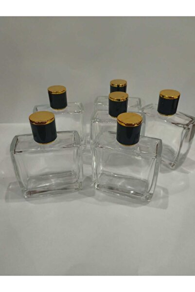 OEM 6 Adet Lüks Doldurulabilir Boş Parfüm Şişesi – 100 ml Kare Cam, Siyah Altın Detaylı Kapak