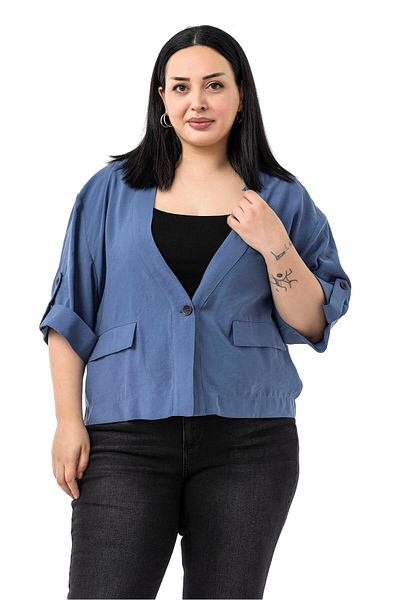 DISENTIS MODEST Plus Size One Button Short Indigo Jacket with Low Half Sleeves Epaulets Pockets