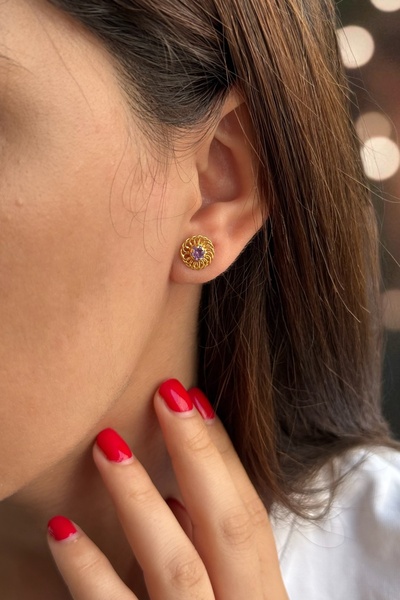 Utku Kuyumculuk 22 AYAR MOR AMETİST TAŞLI KÜPE