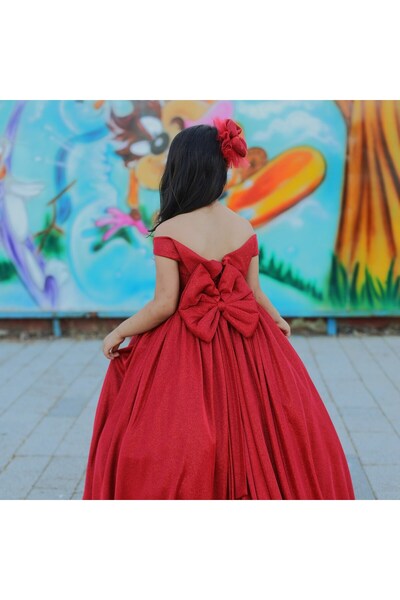 sara tasarım Glittery Kız Çocuk için Kırmızı Uzun Elbise Düğün Nişan için