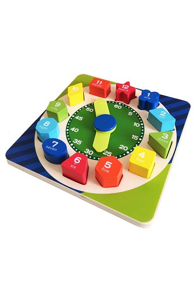 sallma Joc educativ de sortare Montessori Ceasul din lemn cu forme geometrice si cifre