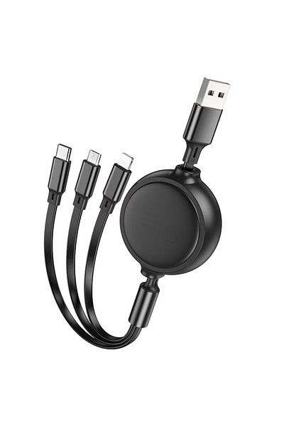 FOXMAG24 Cablu USB-A, tip C, Lightning, micro-USB, lungime 1 m, cu 3 capete de încărcare, negru