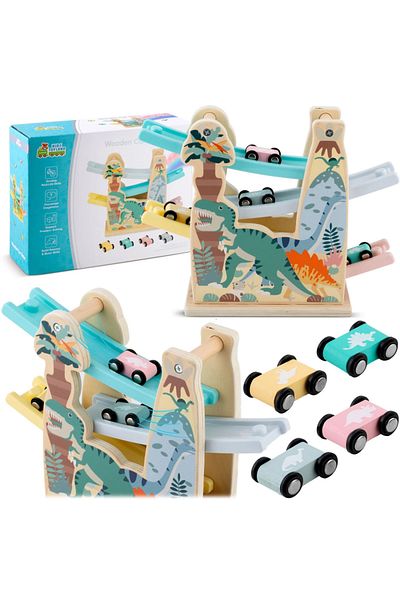 Ricokids Dinosaur children's car track with 4 levels and 4 cars, made of wood, dimensions