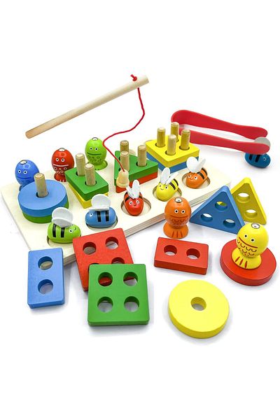 SARALMA Joc de pescuit 2 in 1, sortator forme si pescuit, din lemn, Montessori