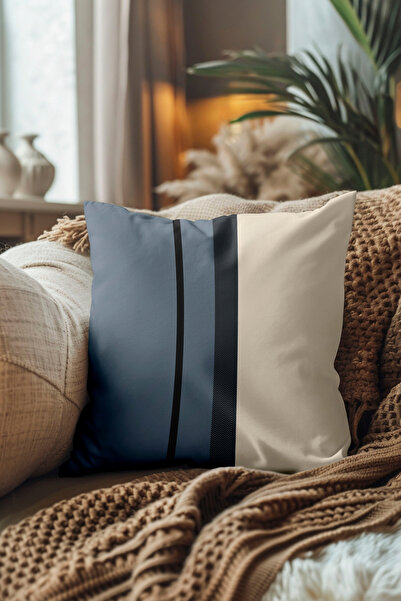 Hayal Dekoratif Modern Ersace Patterned Striped Blue Cream Colors Single Digital Printed Throw Pillow - Pillow Case