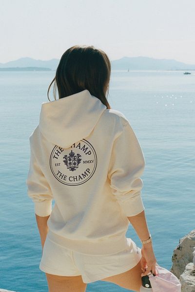 The Champ Clothing Hanorac unisex cu 3 fire ecru, cu glugă – The Champ imprimat, cu emblemă, modă modernă de oraș