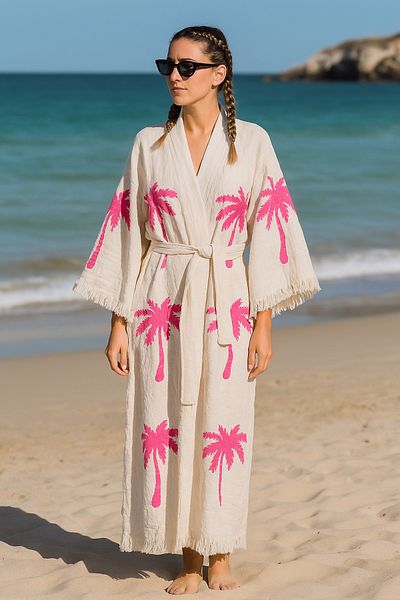 LaraLisa 4 Layers Natural Muslin Cotton Fabric Chemical Treatment Unprocessed Hand Printed Kaftan Kimono Peshtemal Bathrobe