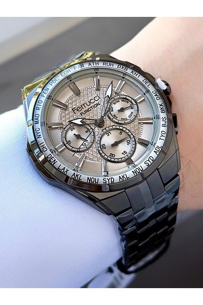 Ferrucci Function Men's Wristwatch Silver Dial World Urban Bezel Smoked Metal Band