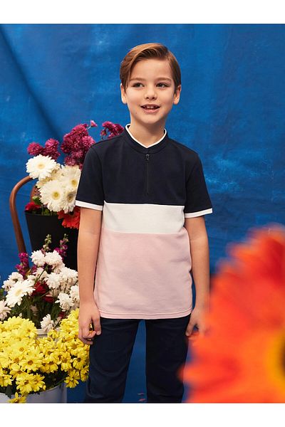 LC Waikiki Tricou pentru băieți LCW Kids Pink Judge Guler Color Block cu mânecă scurtă