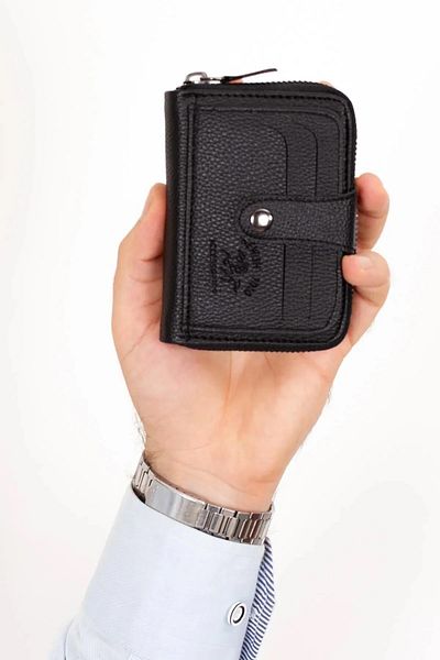 Newish Polo Мъжки кожен картодържател и портфейл с отделение за монети - черен