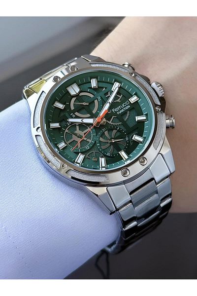 Ferrucci Function Men's Wristwatch Green Dial Orange Detailed Silver Metal Cord Sport Design